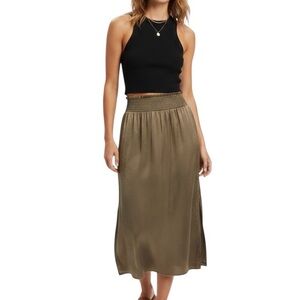 Aerie Satin Smocked Midi Skirt XS Side Slits Olive Green Boho Chic Indie Sleaze